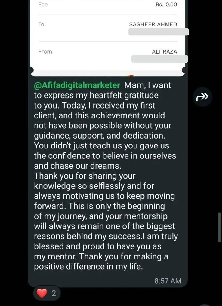 First Client - First client achievement and mentor appreciation