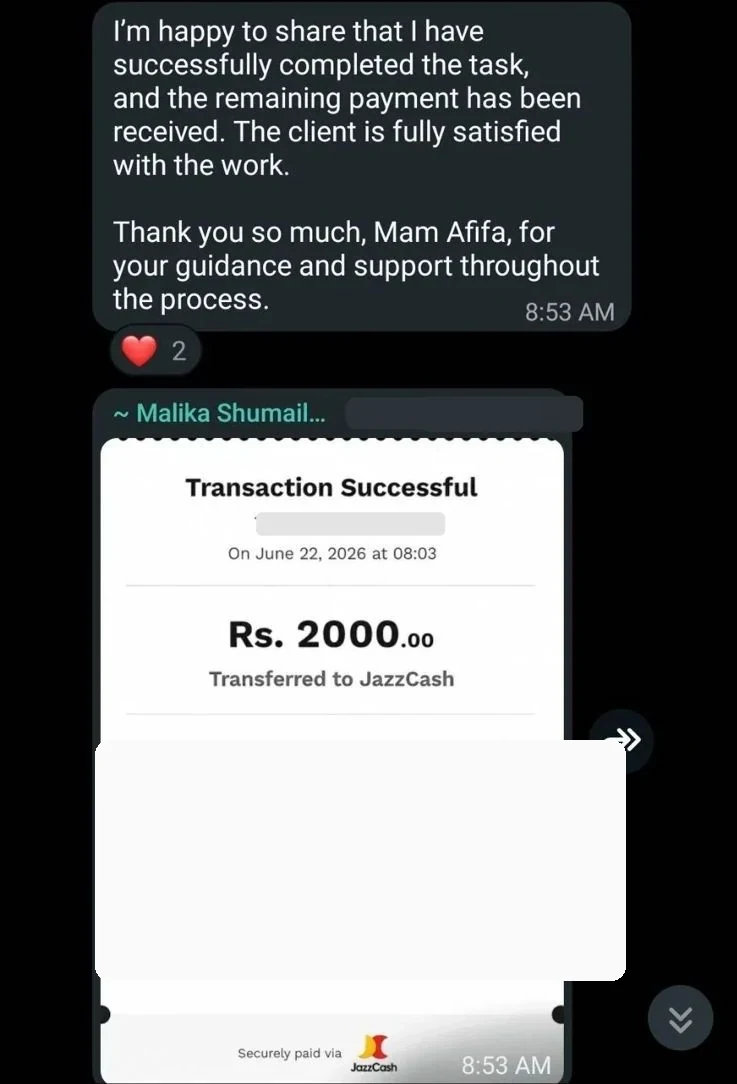 Remaining Payment - PKR 2,000 remaining payment received