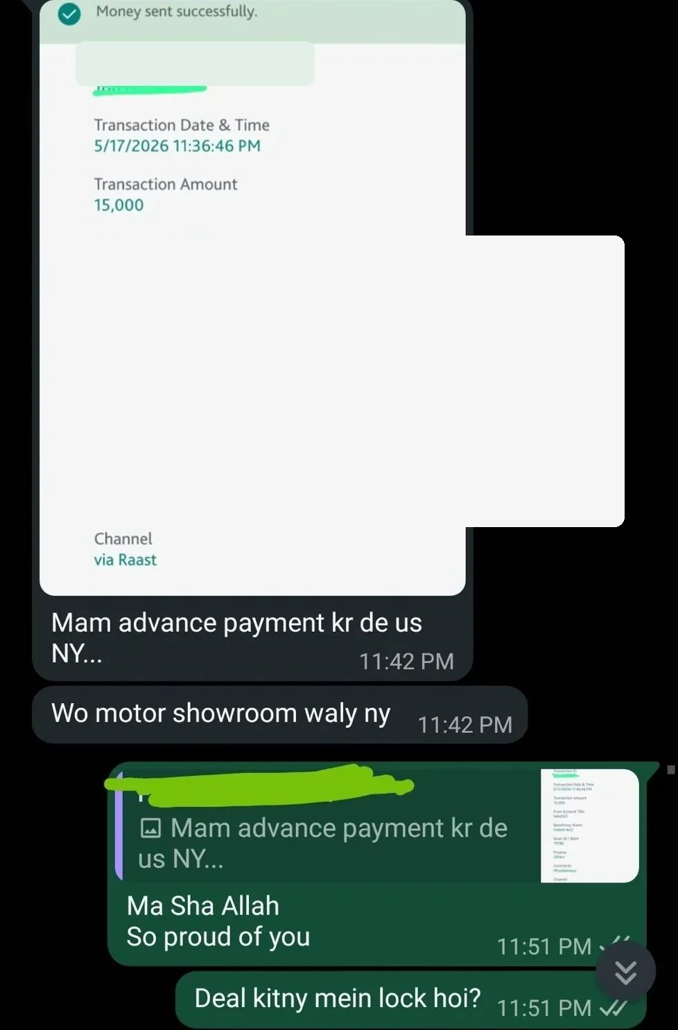 Advance Payment - PKR 15,000 advance payment received