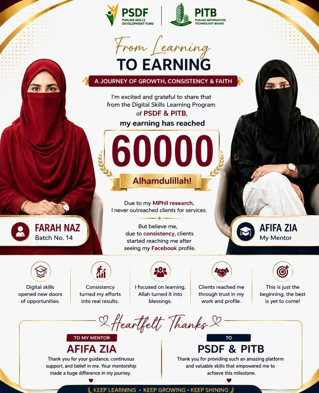 Student success story showing Farah Naz earning PKR 60,000