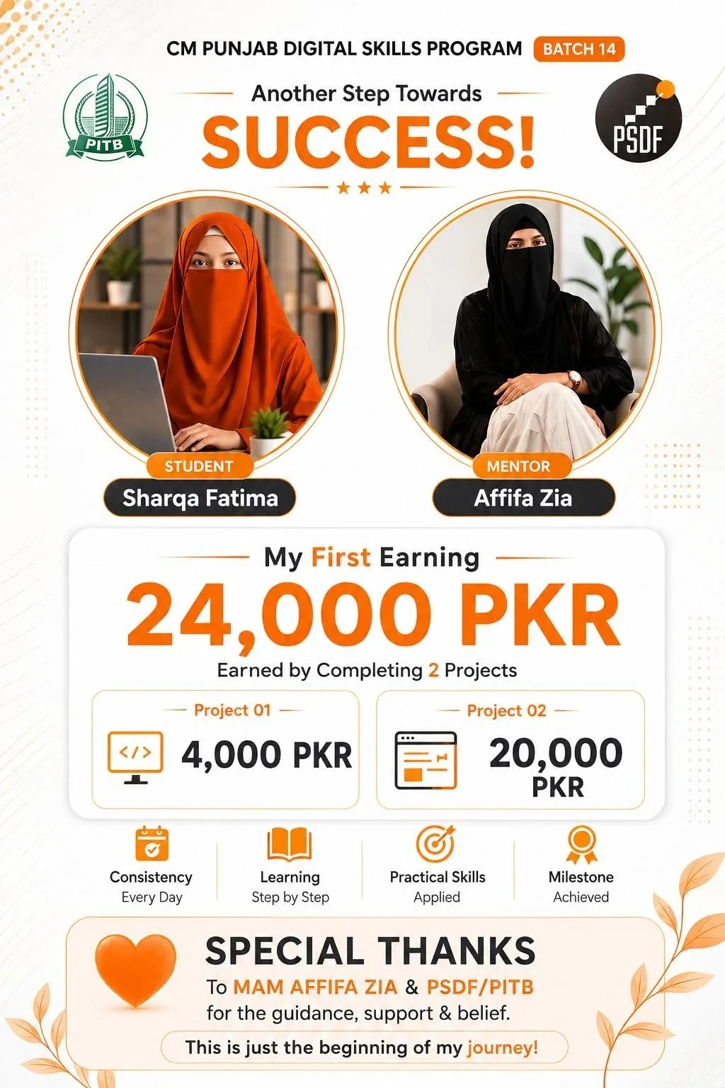 Student success story showing Sharqa Fatima earning PKR 24,000 from two projects