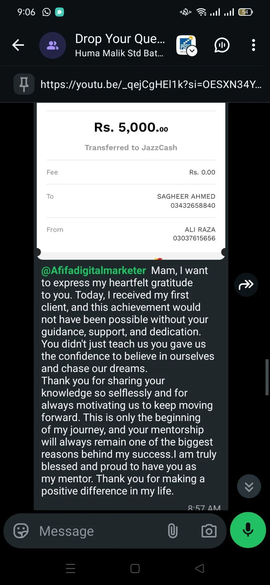 First Client - First-client payment and gratitude message
