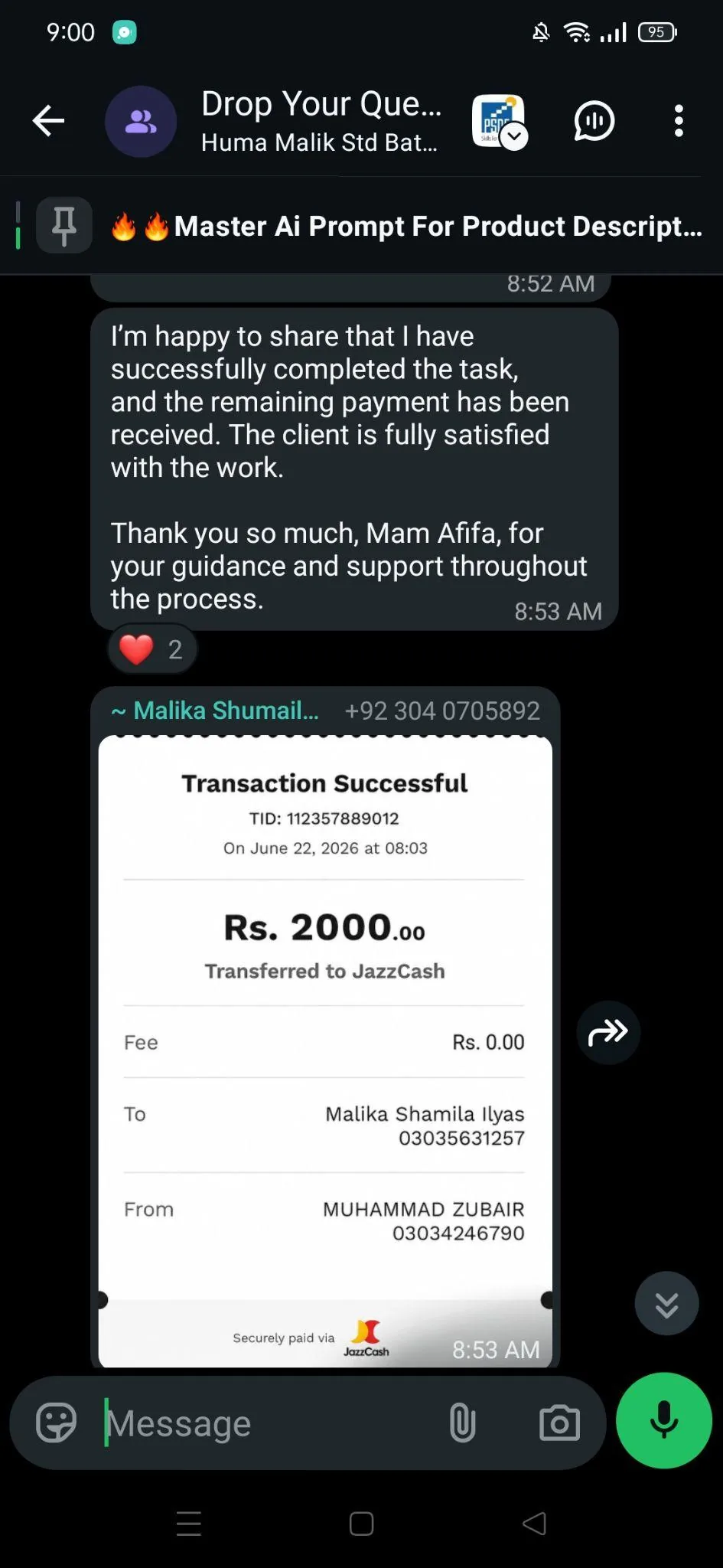 Project Win - Project completion and payment proof