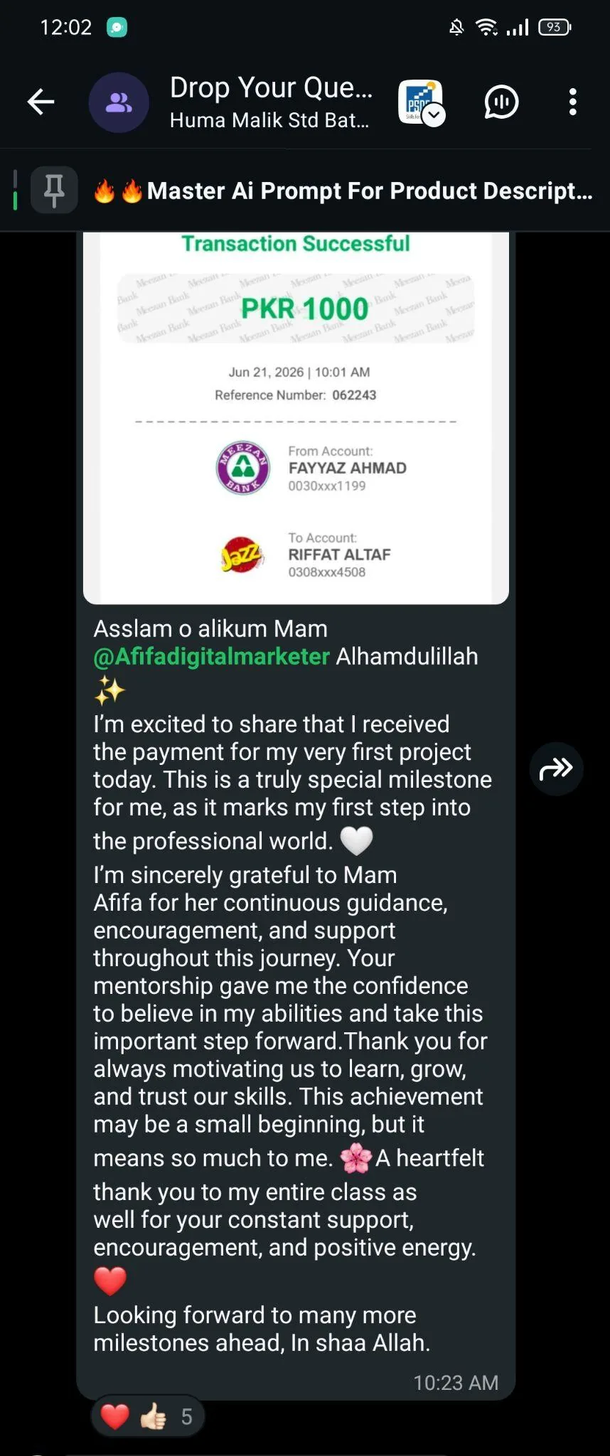 First Payment - First project payment and mentor message