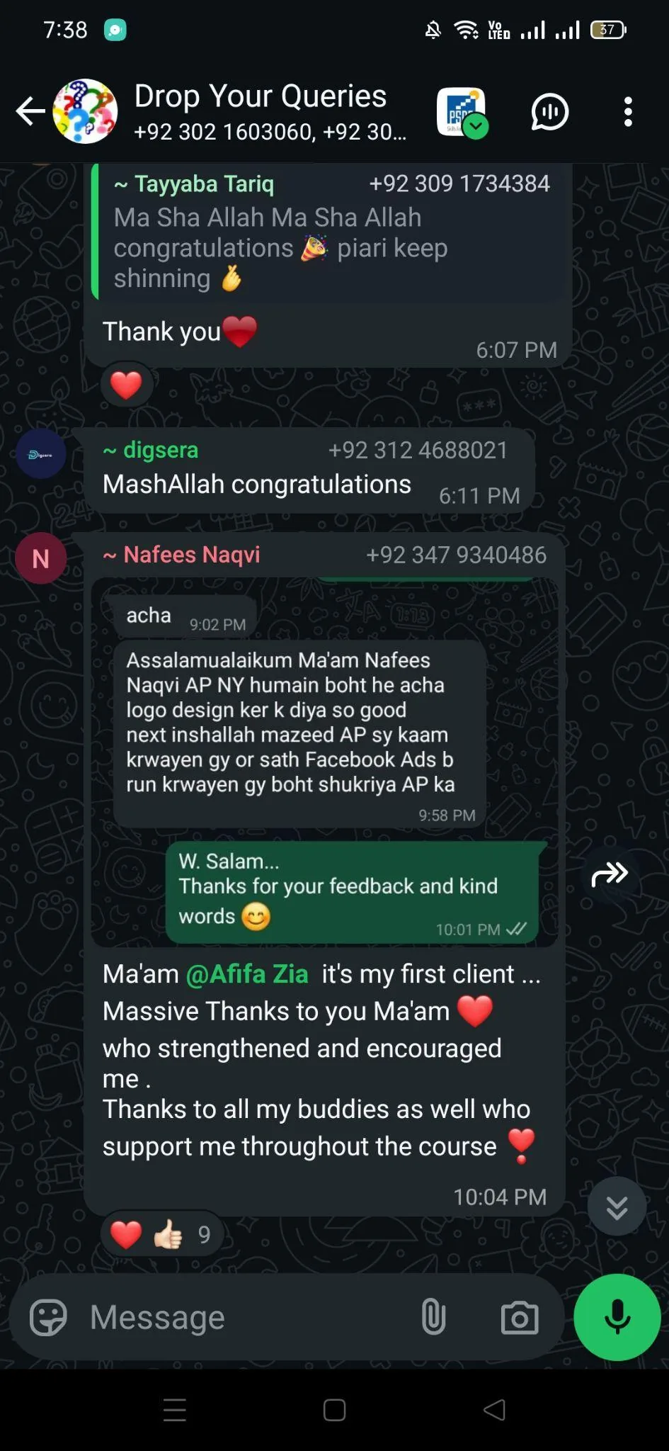 Mentorship Review - Student thanks Afifa for guidance and support