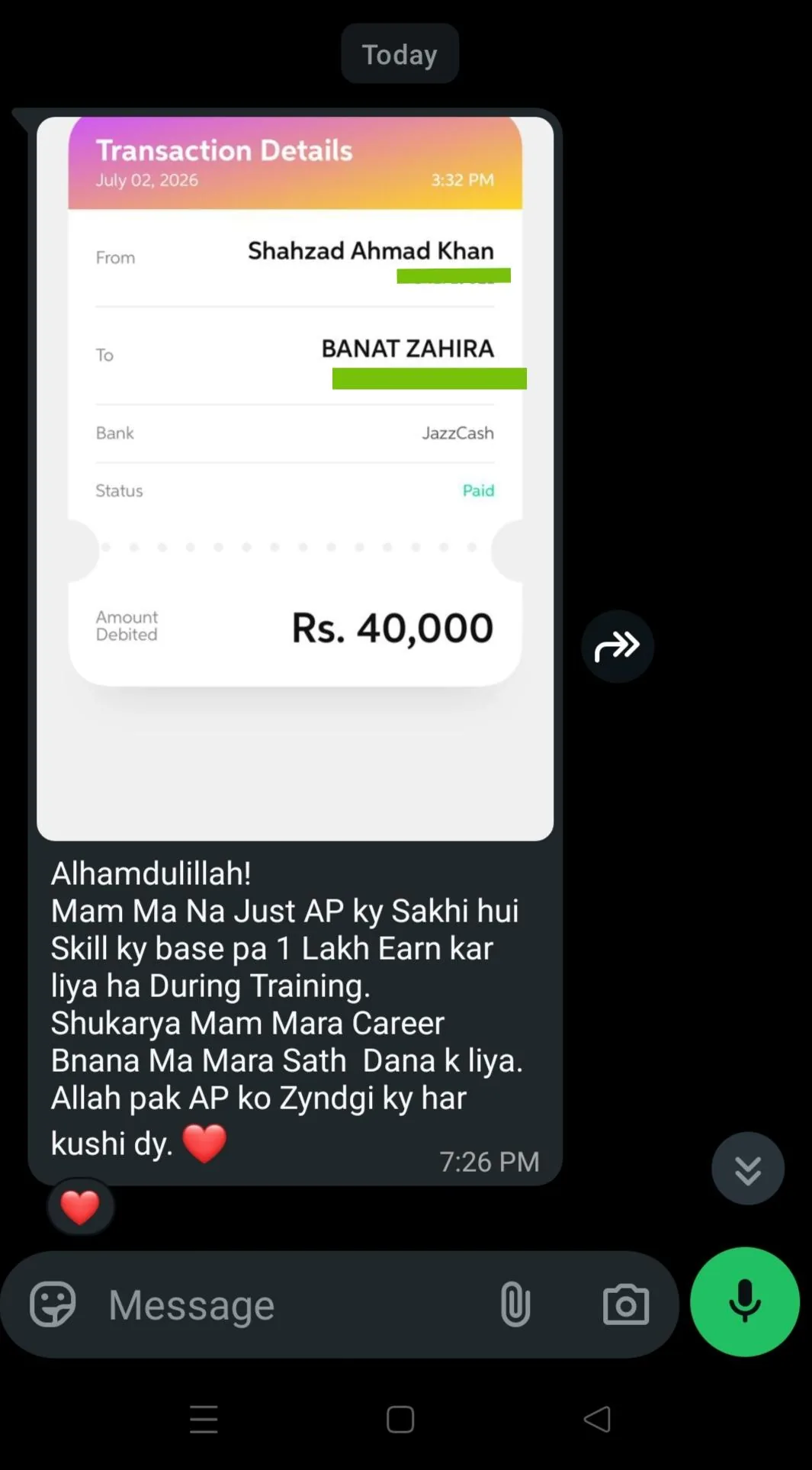 Payment Proof - PKR 40,000 earning milestone