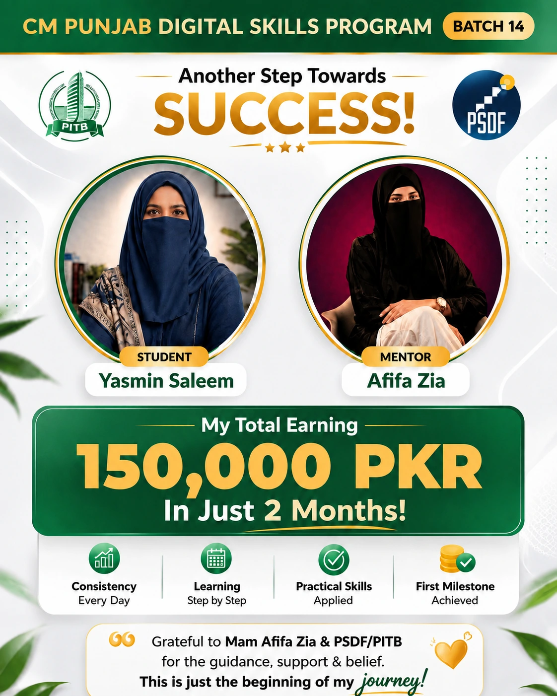 Student success graphic showing Yasmin Saleem's total earnings of PKR 150,000 in 2 months